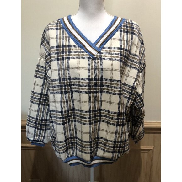 Blue/Brown/Cream Plaid Long Sleeve V-Neck Pullover Top~ Size M ~ - Picture 1 of 5